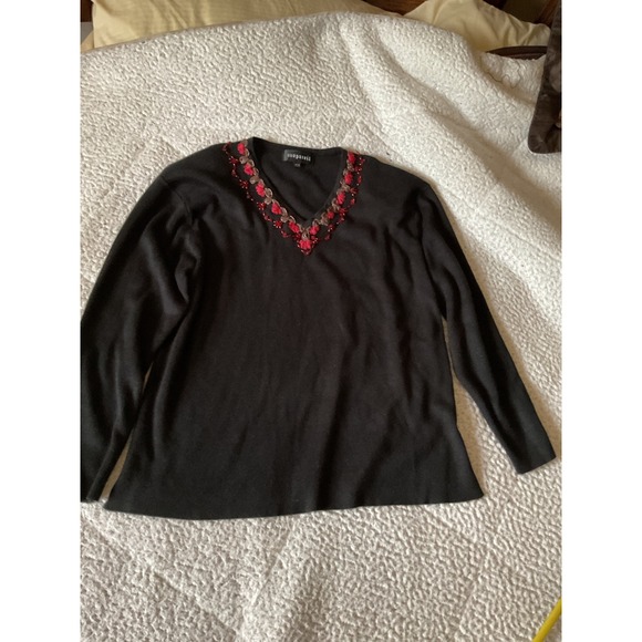 Nonpareil Sweaters - Nonpareil Sweater Womens Medium Black Excellent Beaded Floral V-Neck Knit Top